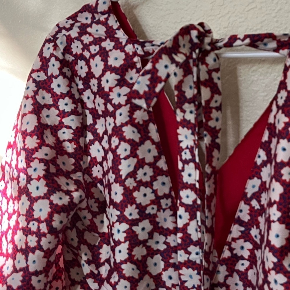 NWT TOPSHOP | Daisy Print Puff Sleeve Tie Back Midi Dress In Red Multi | Size 6 - Picture 10 of 12